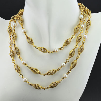Vintage Italian Weingrill Pearl and Gold Cord Spiral Long Chain Necklace