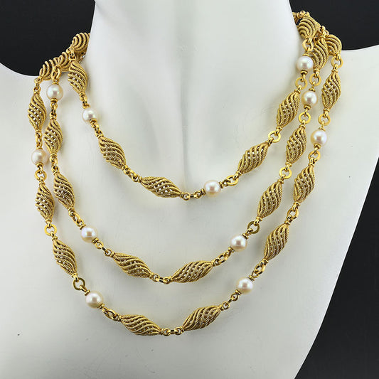 Vintage Italian Weingrill Pearl and Gold Cord Spiral Long Chain Necklace