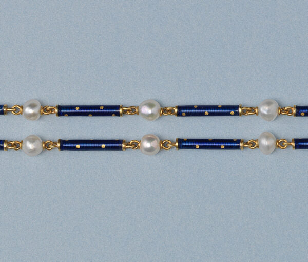 Antique Victorian Natural Pearl and Blue Enamel Long Chain Necklace; alternating natural pearls and royal blue enamel on 18ct yellow gold sticks. France, circa 1890.
