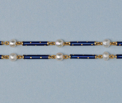 Antique Victorian Natural Pearl and Blue Enamel Long Chain Necklace; alternating natural pearls and royal blue enamel on 18ct yellow gold sticks. France, circa 1890.