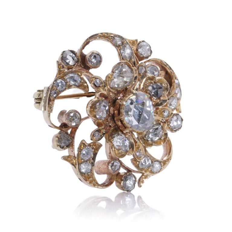 Victorian Antique 3ct Rose Cut Diamond En Tremblant Flower Brooch. Mid 19th century Circa 1850s