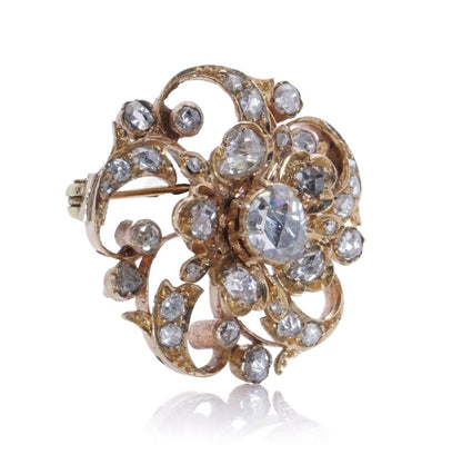 Victorian Antique 3ct Rose Cut Diamond En Tremblant Flower Brooch. Mid 19th century Circa 1850s