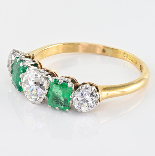 Art Deco 1ct Old European Cut Diamond and Emerald Five Stone Engagement Ring in 18ct Yellow Gold