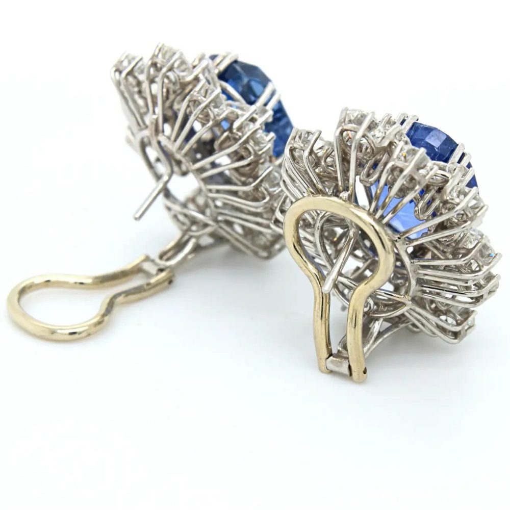 Vintage Natural No Heat Ceylon Sapphire and Diamond Cluster Earrings in Platinum, 20.20 carat total