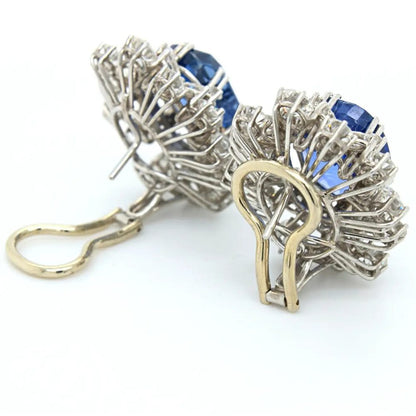 Vintage Natural No Heat Ceylon Sapphire and Diamond Cluster Earrings in Platinum, 20.20 carat total