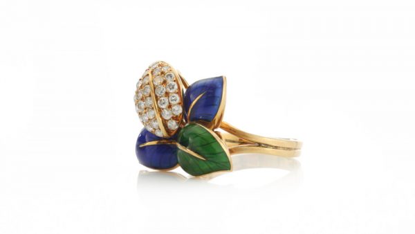 Faraone Blue and Green Enamel and Diamond set Ring and Earring Suite