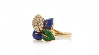 Faraone Blue and Green Enamel and Diamond set Ring and Earring Suite