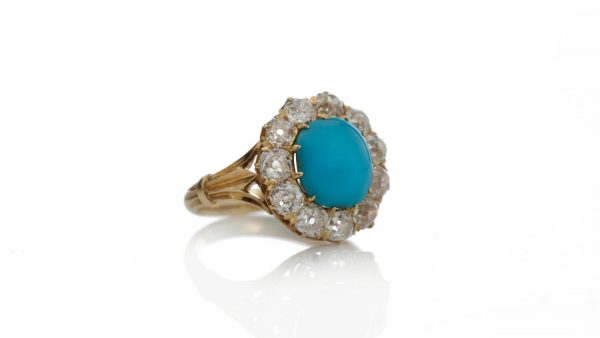 Antique Victorian Turquoise and Old Cut Diamond Cluster Ring