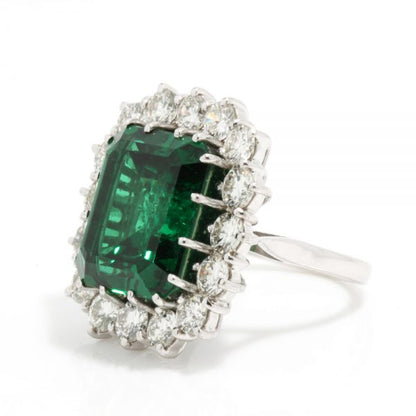9ct Emerald Cut Natural Green Tourmaline and Diamond Cluster Ring