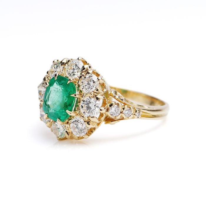 Antique 0.85ct Oval Emerald and Diamond Cluster Ring