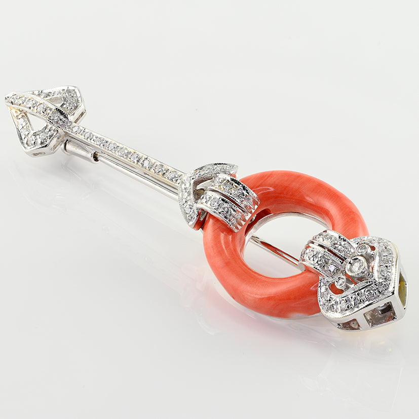 Vintage 1940s Coral and Diamond Arrow Brooch