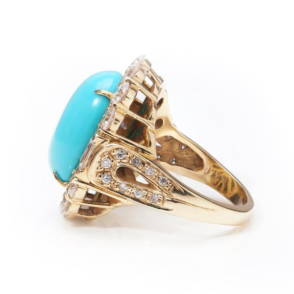 Large Cabochon Turquoise and 3.36ct Diamond Cluster Ring