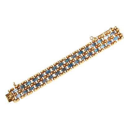 Retro 1940s Aquamarine and 18ct Yellow Gold Brick Link Bracelet