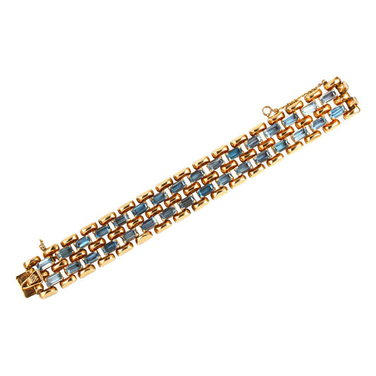 Retro 1940s Aquamarine and 18ct Yellow Gold Brick Link Bracelet