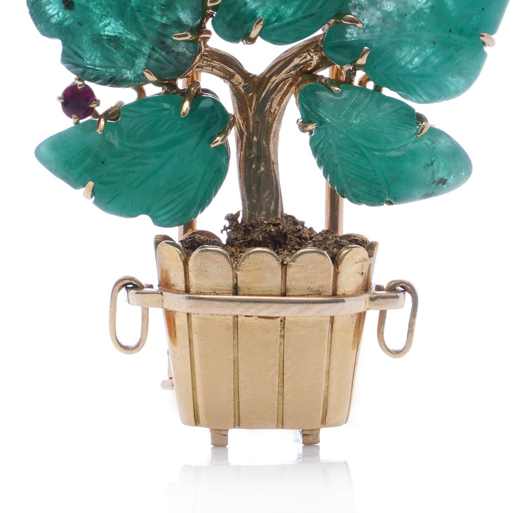 Vintage 1940s Lacloche Freres Carved Emerald Leaf Tree Brooch by Jean Thierry Bondt with Ruby and Diamond