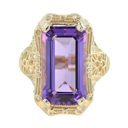 9ct Emerald Cut Amethyst and Yellow Gold Filigree Dress Ring