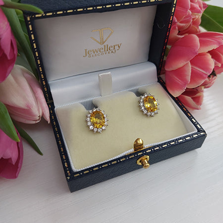 4.20ct Oval Yellow Sapphire and Diamond Cluster Stud Earrings