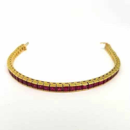French Cut Ruby Line Bracelet in 14ct Gold, 10.00 carat total