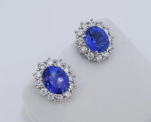 5.21ct Tanzanite and Diamond Oval Cluster Stud Earrings, 18ct White Gold