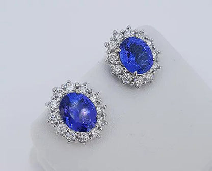 5.21ct Tanzanite and Diamond Oval Cluster Stud Earrings, 18ct White Gold
