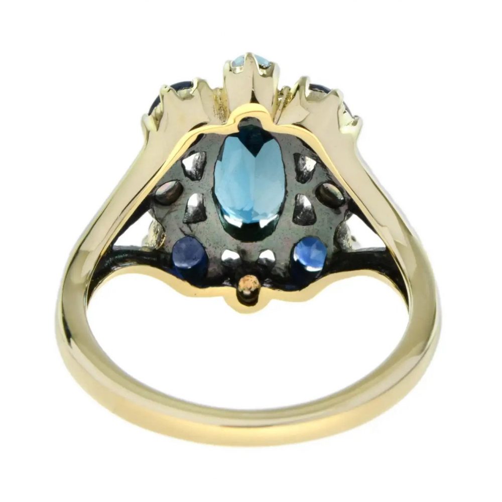Blue Topaz, Sapphire and Opal Floral Cluster Dress Ring