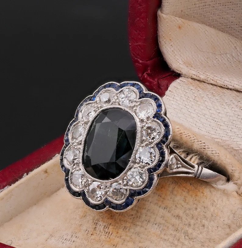 Antique Edwardian French 3ct Natural Sapphire Diamond Platinum Floral Cluster Ring