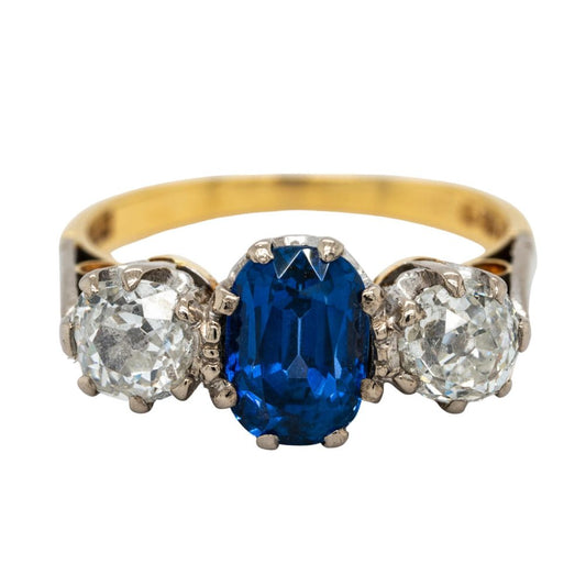 2ct Sapphire and 1.40ct Old Cut Diamond Trilogy Three Stone Engagement Ring