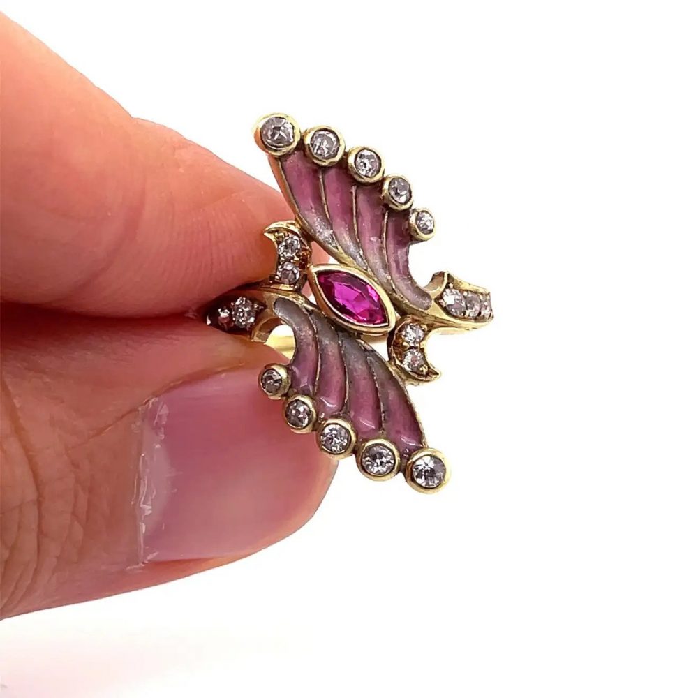 Art Nouveau Pink Plique a Jour Enamel Ruby and Diamond Ring