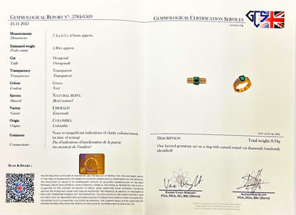 Vintage Certified 1.80ct Natural No Oil Colombian Emerald and Diamond Engagement Ring