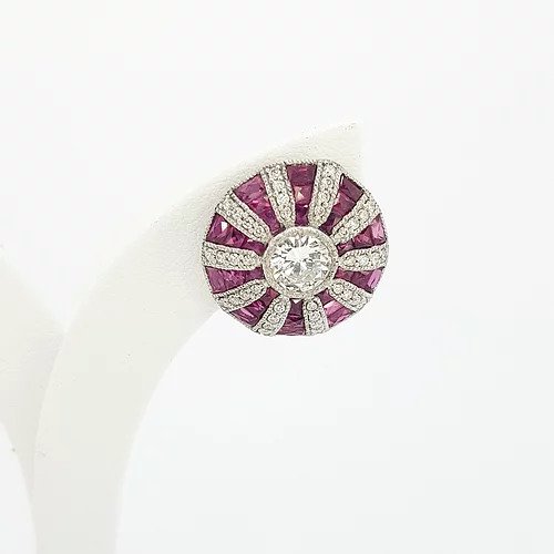 Ruby diamond and platinum cluster target stud earrings