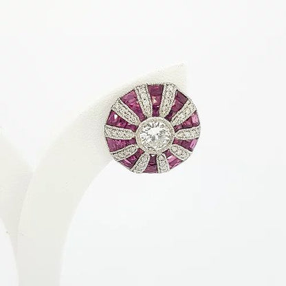 Ruby diamond and platinum cluster target stud earrings