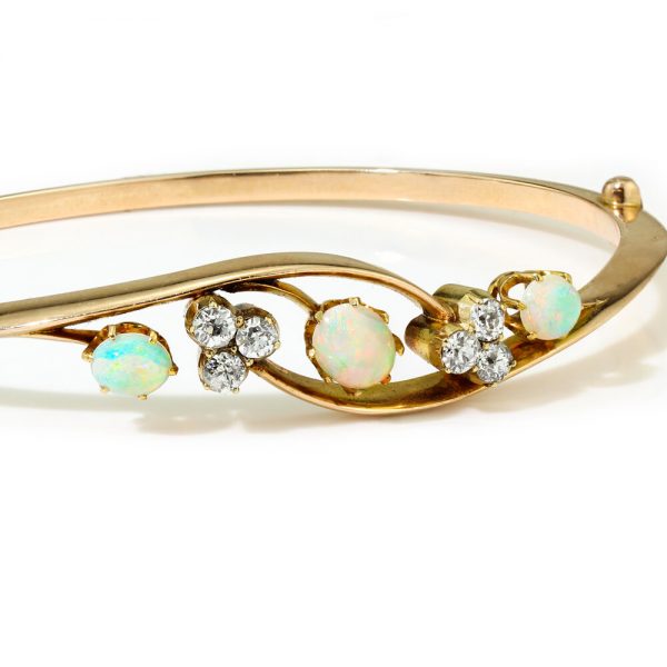 Antique Victorian Opal and Diamond Bangle Bracelet, Circa 1860