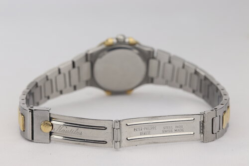 Patek Philippe Ladies 4700 Nautilus 27mm Steel and Gold Quartz Watch, golden face, date aperture at 3 o'clock, Steel and gold bracelet