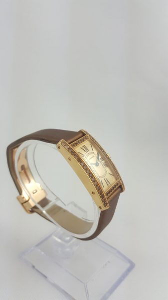 Cartier Tank Américaine Ladies Rare 18ct Yellow Gold 2482 Quartz Watch, factory set brown diamond bezel, brown satin Cartier strap, with Cartier box and service papers.
