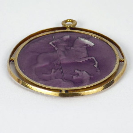 French St George Purple Enamel and 18ct Gold Medal Pendant, depicting St George defeating the Dragon, guilloche enamel to reverse
