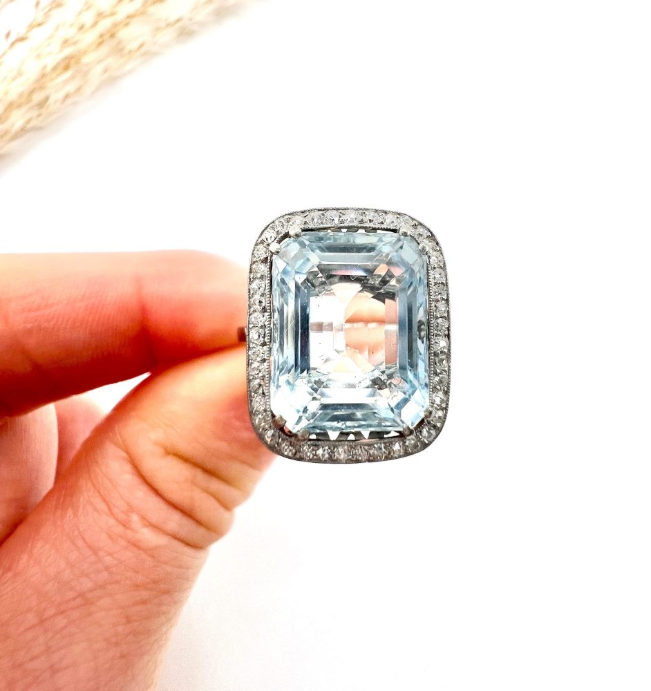 Vintage aquamarine and diamond ring in platinum.