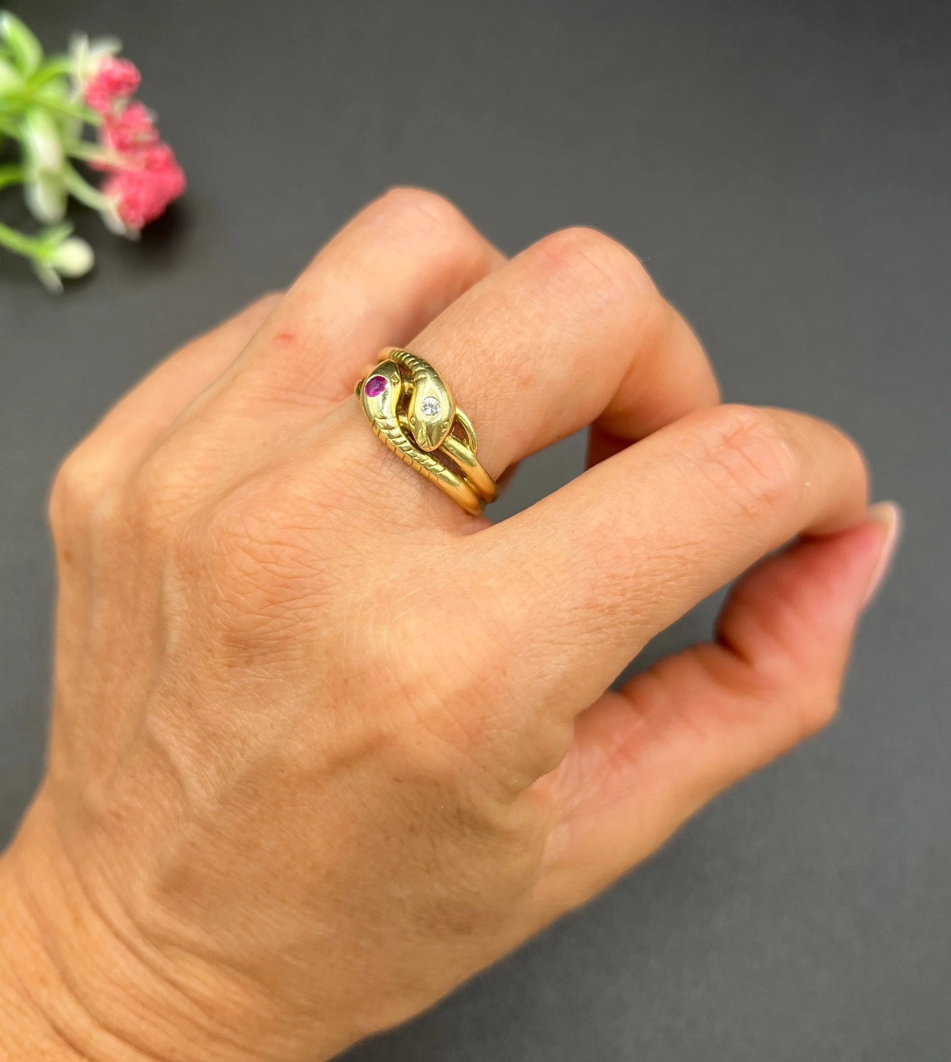 Vintage 14 Carat Yellow Gold Ruby and Diamond Double Headed Snake Ring, Circa 1930