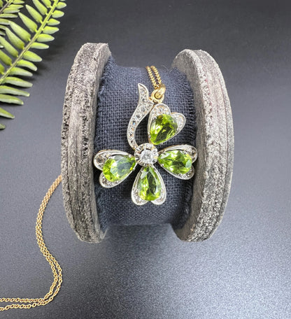 Edwardian Antique Peridot and Diamond Four Leaf Clover Pendant