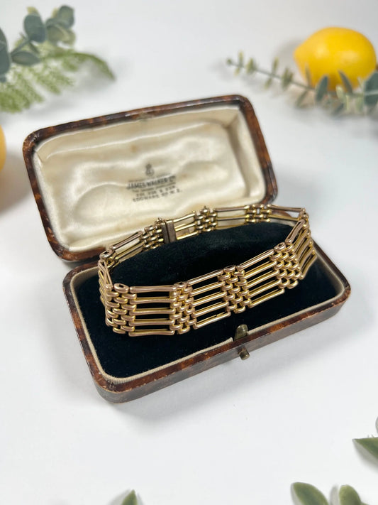 Antique 9 Carat Gold Edwardian Five Row Gate Bracelet