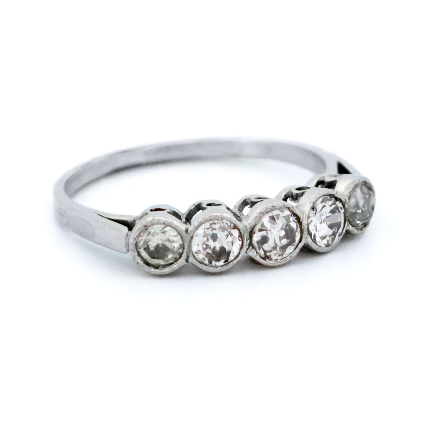 Art Deco Platinum Five Stone Old Mine-Cut Diamond Ring, 0.60 Carat
