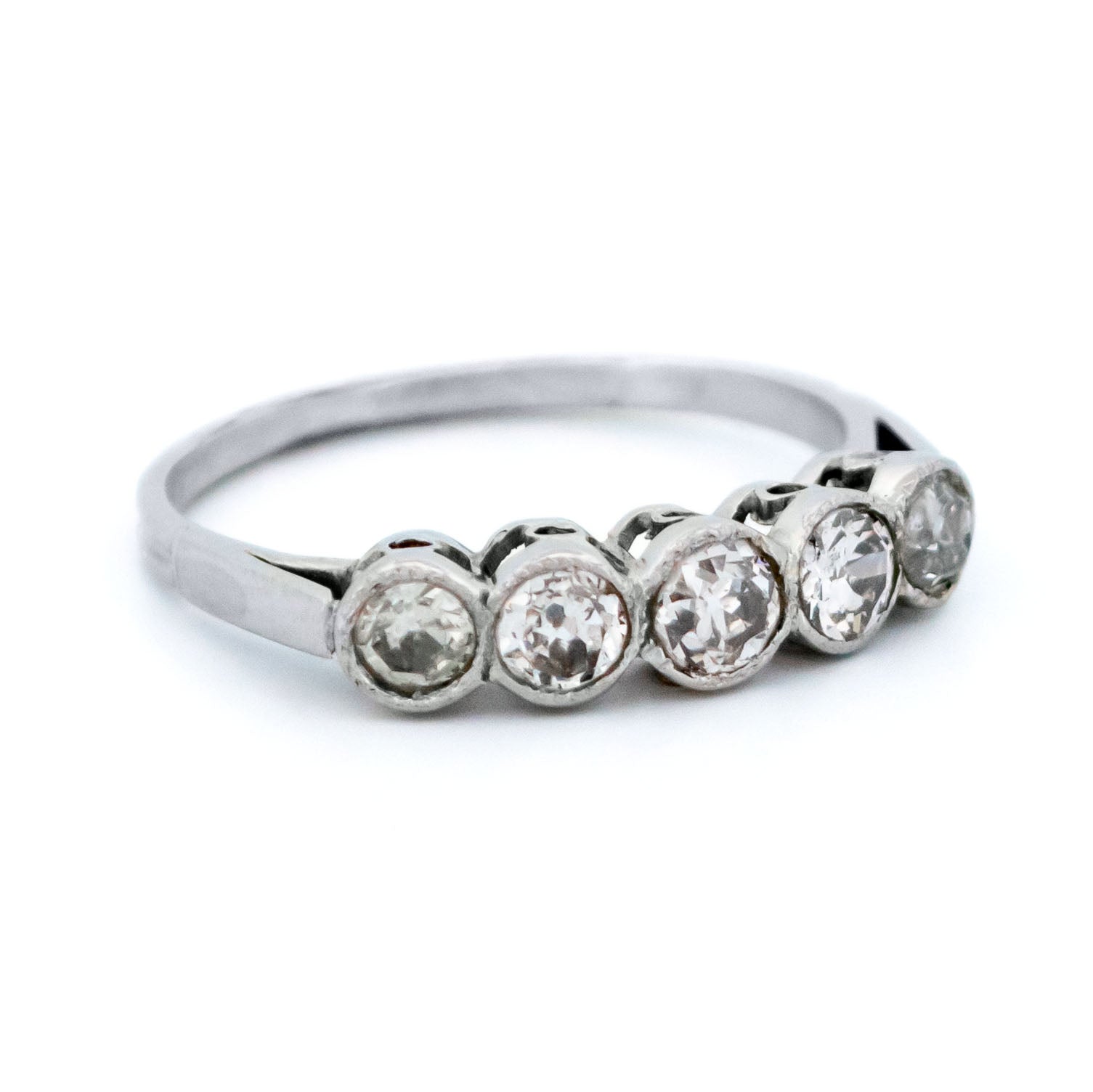 Art Deco Platinum Five Stone Old Mine-Cut Diamond Ring, 0.60 Carat