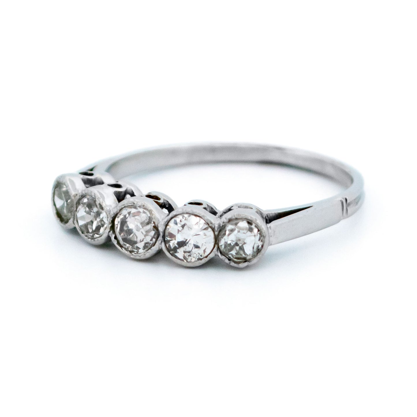 Art Deco Platinum Five Stone Old Mine-Cut Diamond Ring, 0.60 Carat