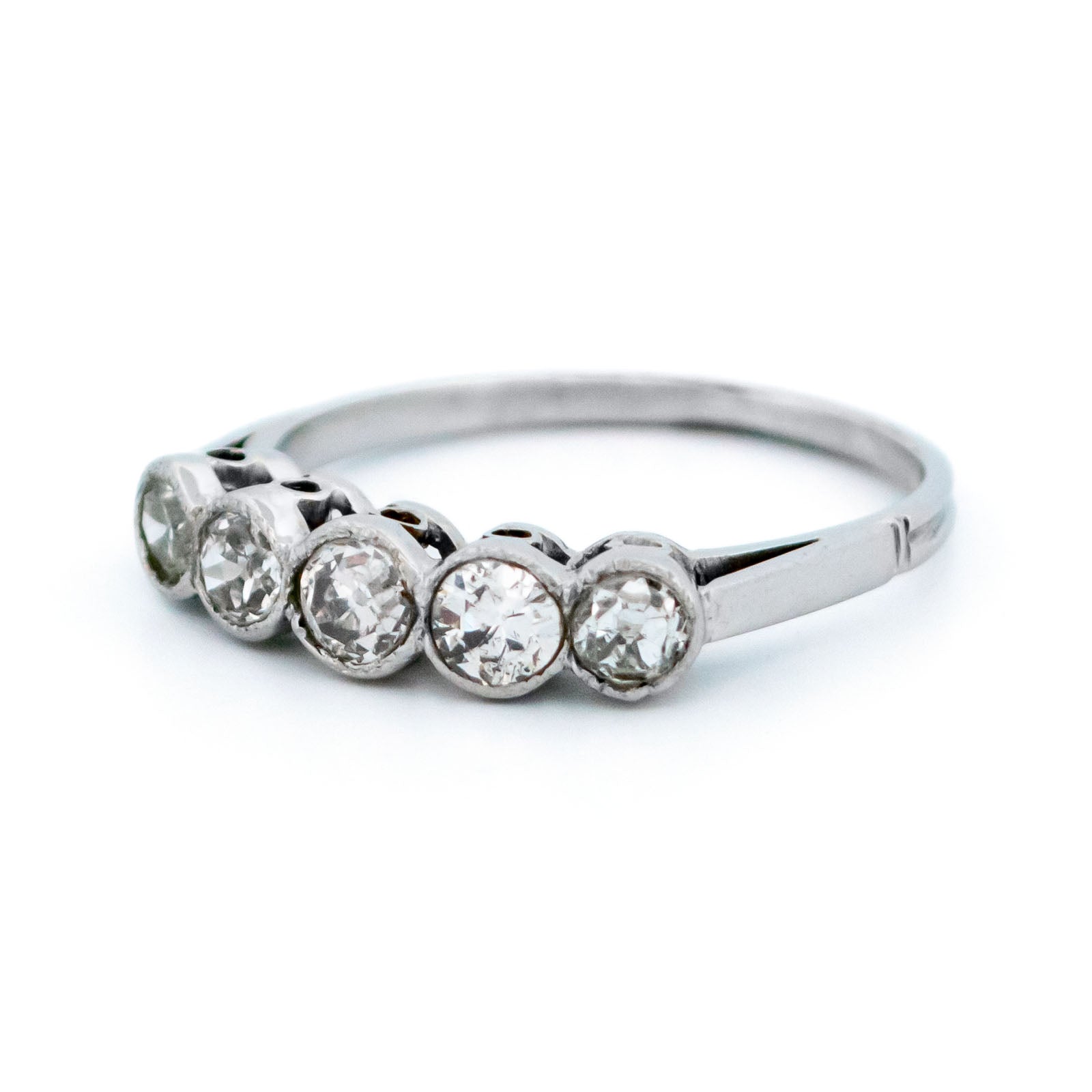 Art Deco Platinum Five Stone Old Mine-Cut Diamond Ring, 0.60 Carat