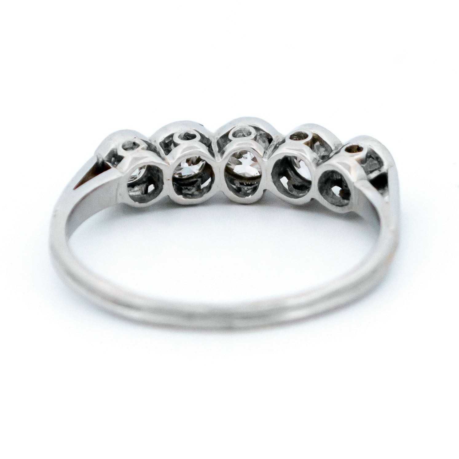 Art Deco Platinum Five Stone Old Mine-Cut Diamond Ring, 0.60 Carat