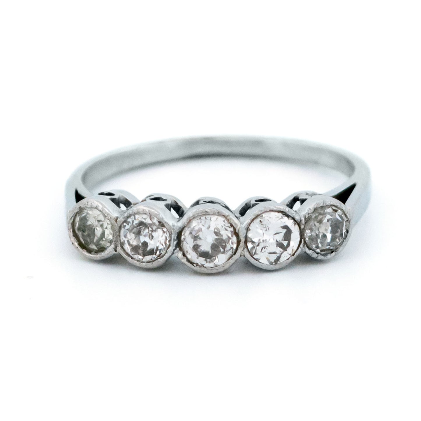 Art Deco Platinum Five Stone Old Mine-Cut Diamond Ring, 0.60 Carat