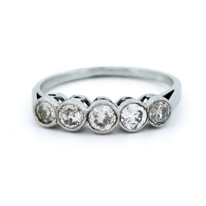 Art Deco Platinum Five Stone Old Mine-Cut Diamond Ring, 0.60 Carat