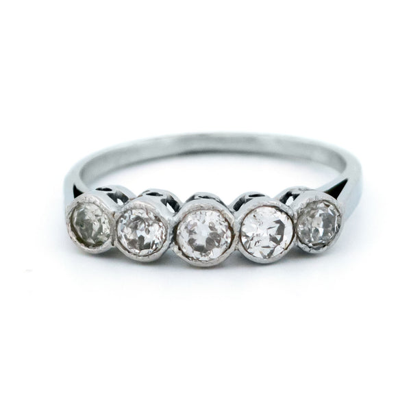 Art Deco Platinum Five Stone Old Mine-Cut Diamond Ring, 0.60 Carat