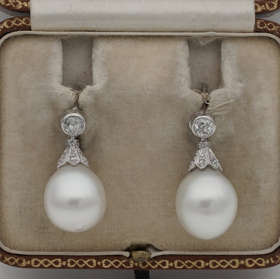 Art Deco South Sea Pearl and Diamond Drop Earrings