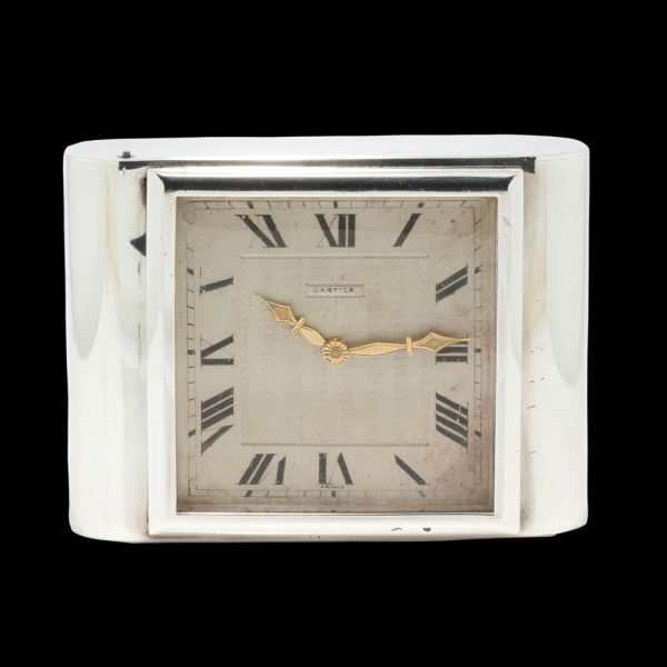 Antique Cartier Sterling Silver Clock, sterling silver case and manual winding movement, in original box, J.C Jacques Cartier, London Import Hallmark Dated 1929