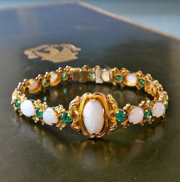 Antique Victorian Opal and Colombian Emerald Bracelet, Circa 1870